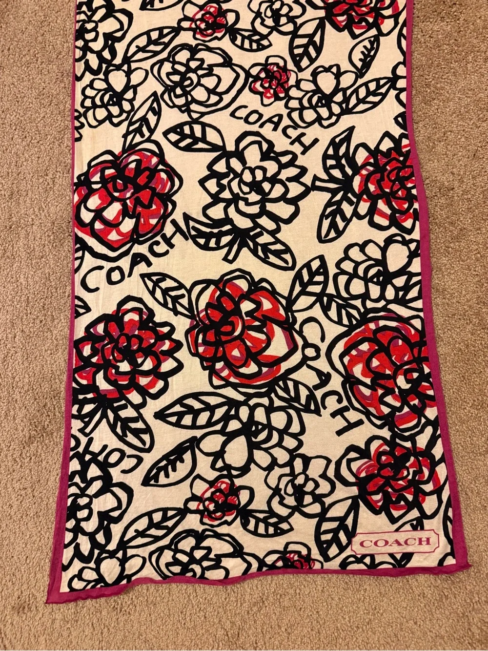 Coach Floral Logo Silk Scarf in White, Red & Black with Pink Trim